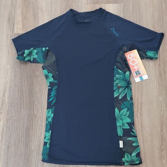 O'Neill 50+ UV Protection Blue Side Floral Print Short Sleeve Rash Guard Med NWT - Picture 2 of 7